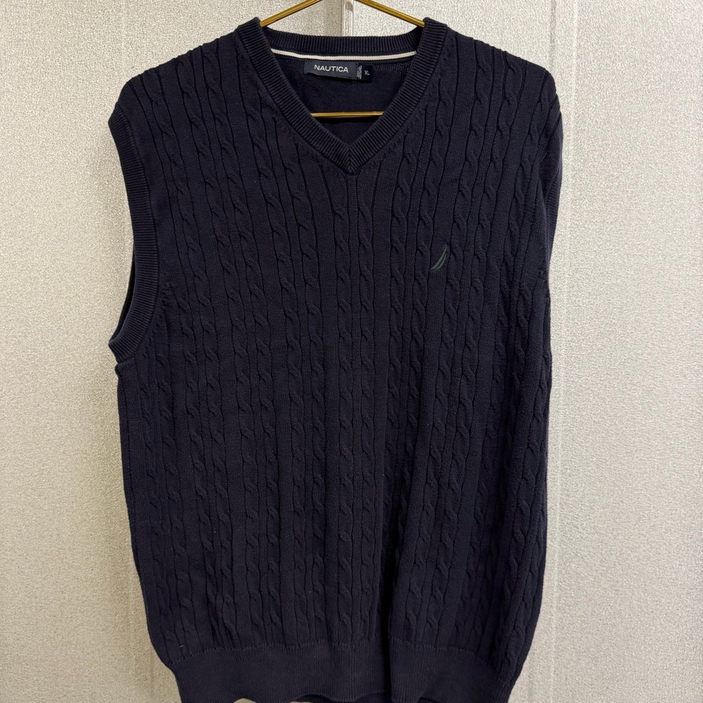 Nautica Cable Knit Sweater Vest Navy V Neck Preppy XL